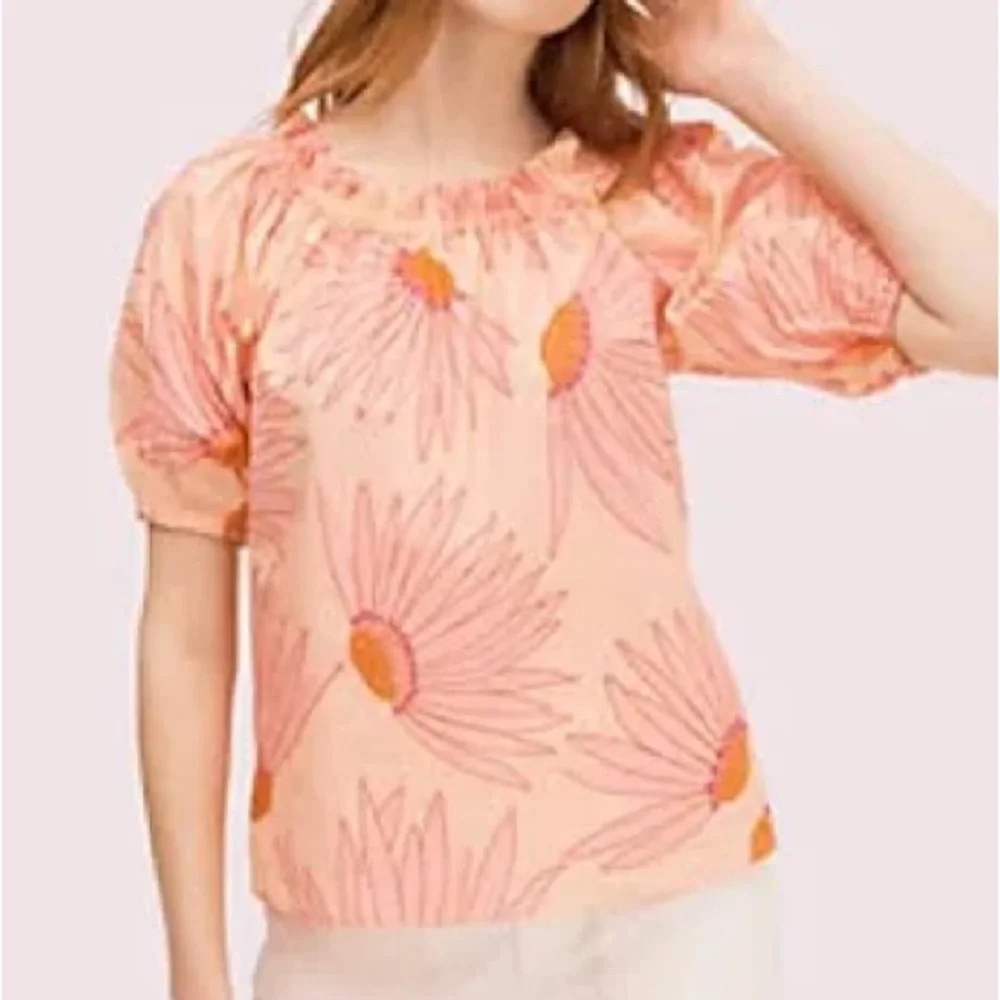 NWOT kate spade Pink Floral Puff-Sleeve Blouse - Picture 2 of 10